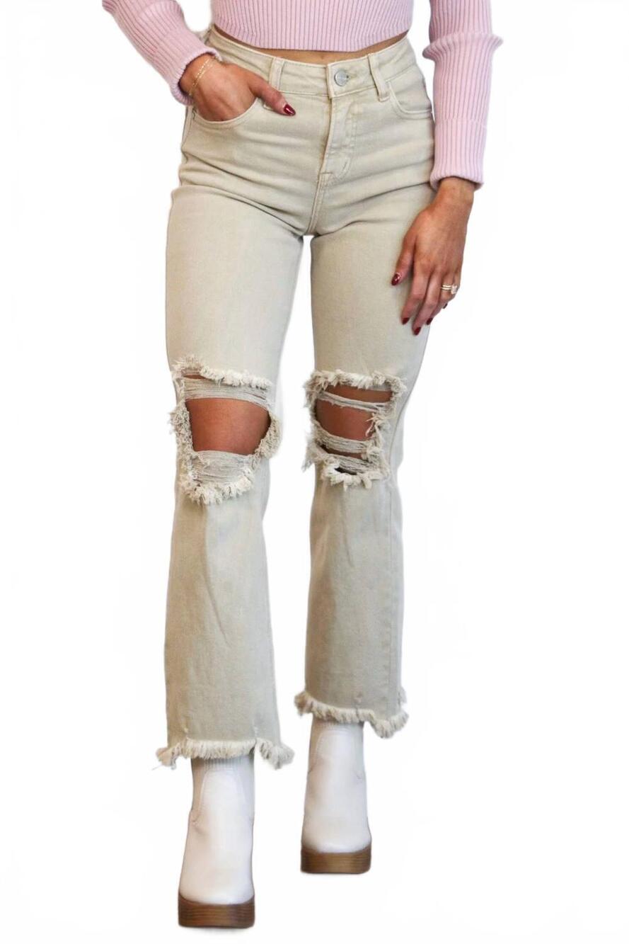NEW RISEN riva distressed high rise straight denim jeans in sand